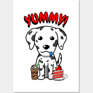 Cute dalmatian dog is having coffee and cake Posters and Art